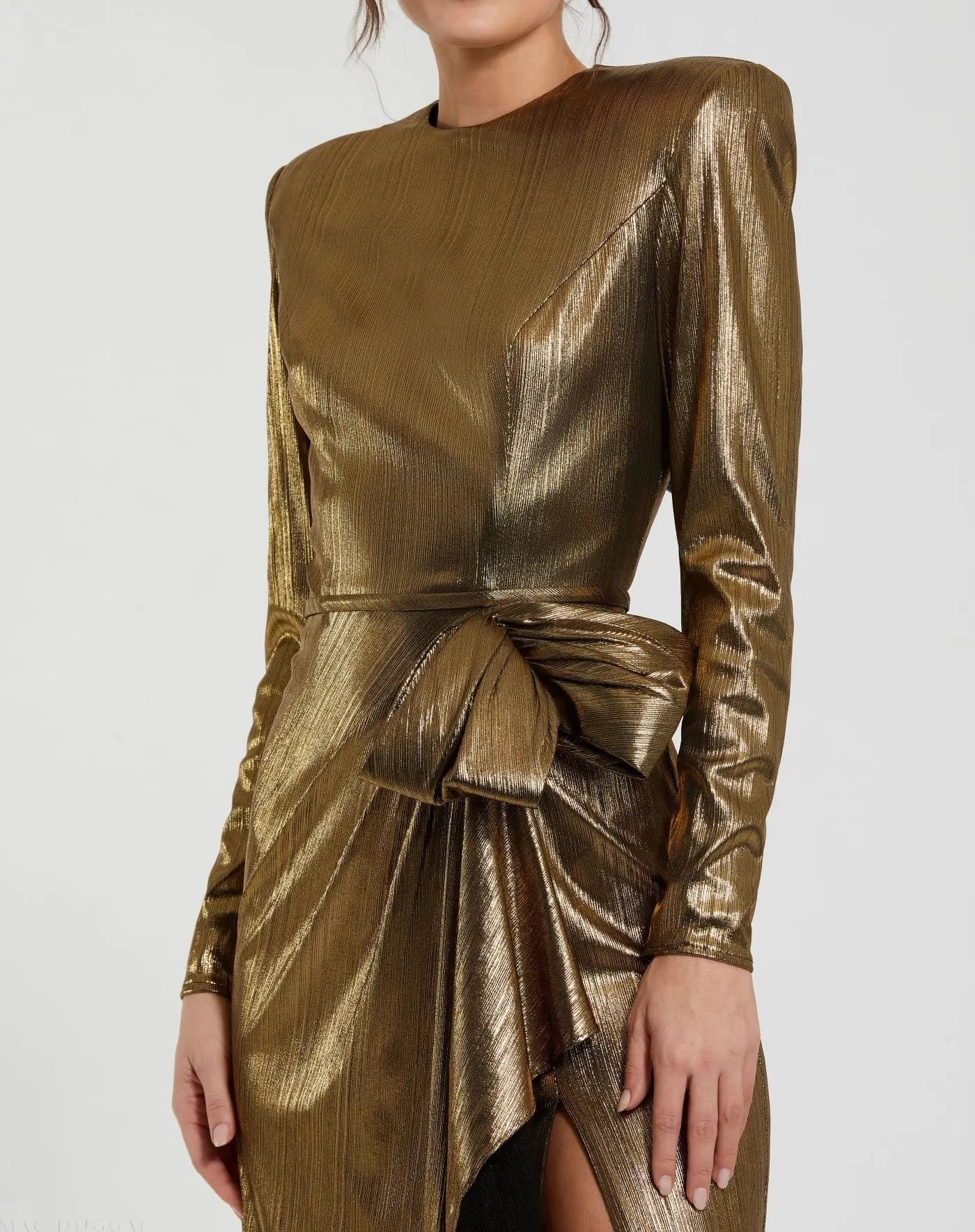 Gold Metallic Long Sleeve Gown With Bow