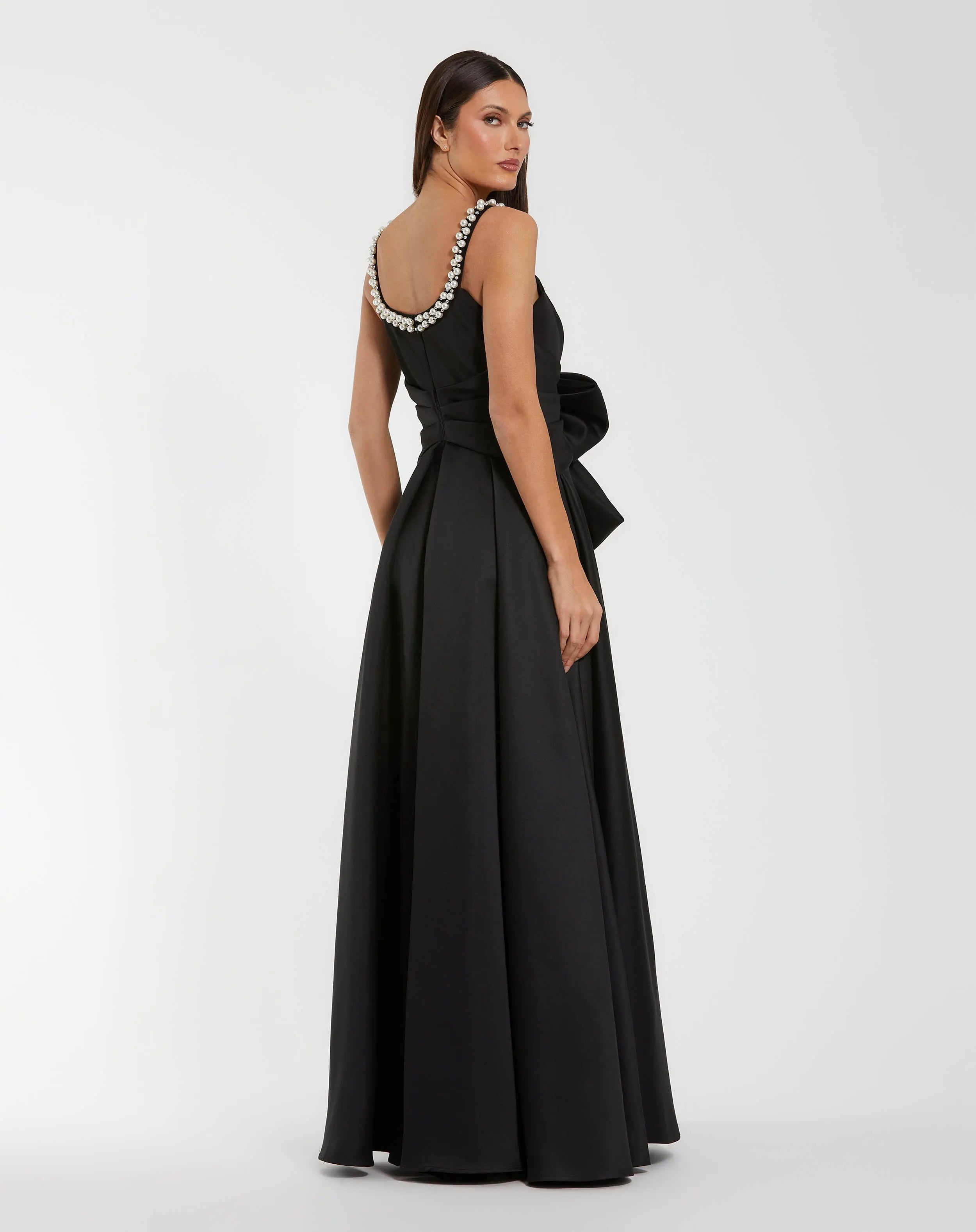 Black Satin Gown With Pearl Neckline and Bow Detail