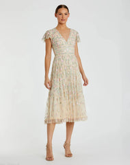 Beige Multicolor Embroidered V Neck Cap Sleeve Midi Dress