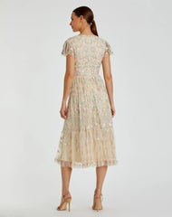 Beige Multicolor Embroidered V Neck Cap Sleeve Midi Dress