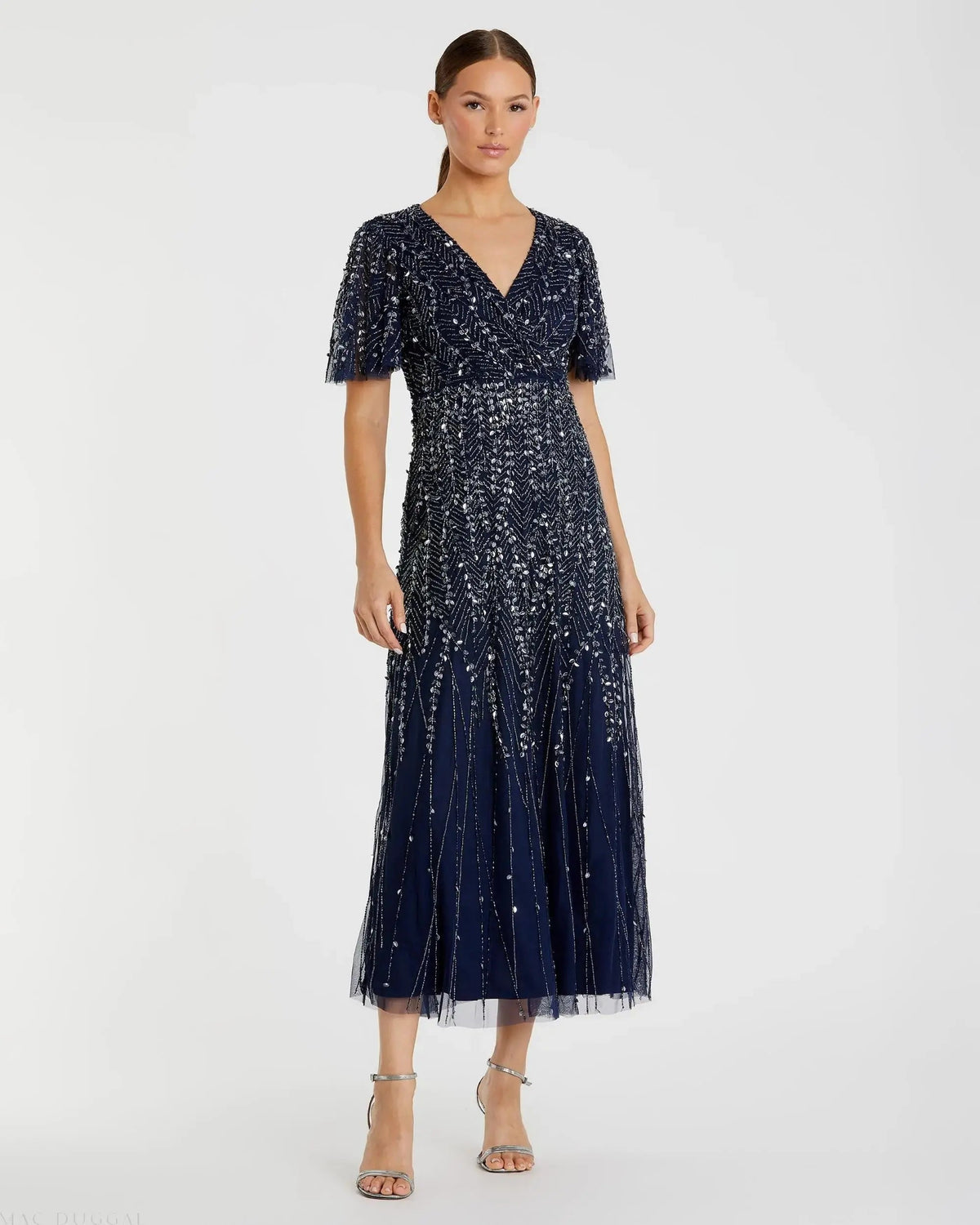Navy Beaded Wrap Over Butterfly Sleeve Dress