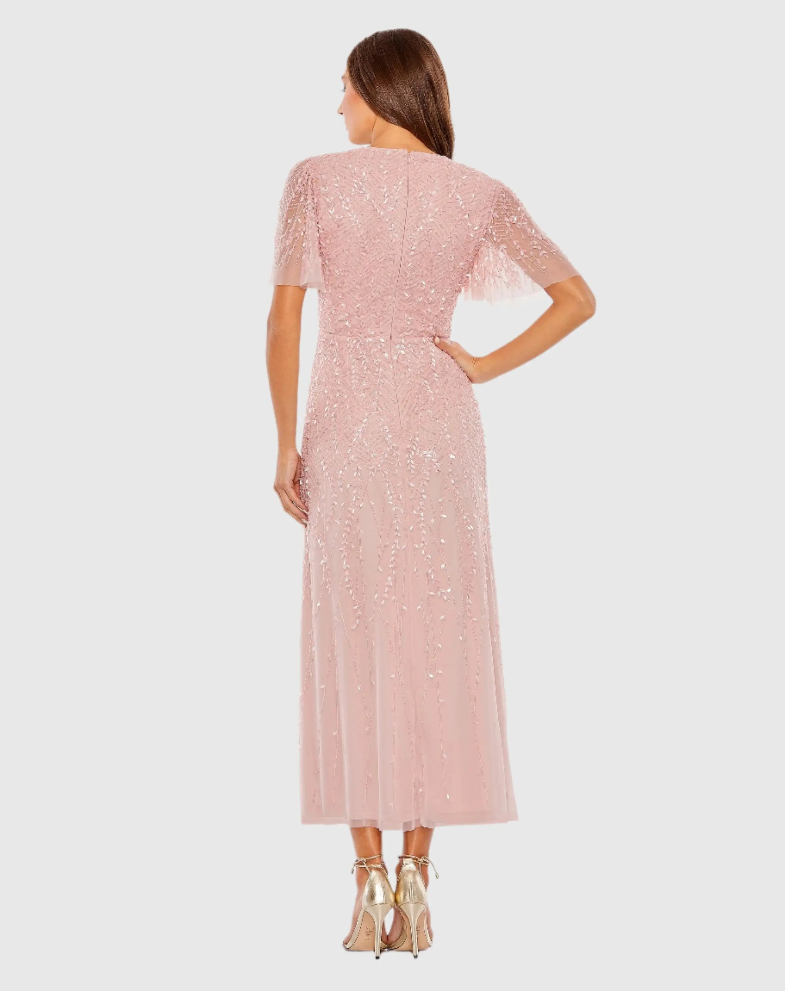Pink Beaded Wrap Over Butterfly Sleeve Dress