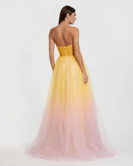 Yellow and Pink Strapless Corset Ombre Tulle Ballgown