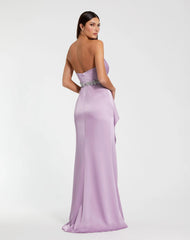 Purple Strapless Satin Gown With Embellished Belt Detail