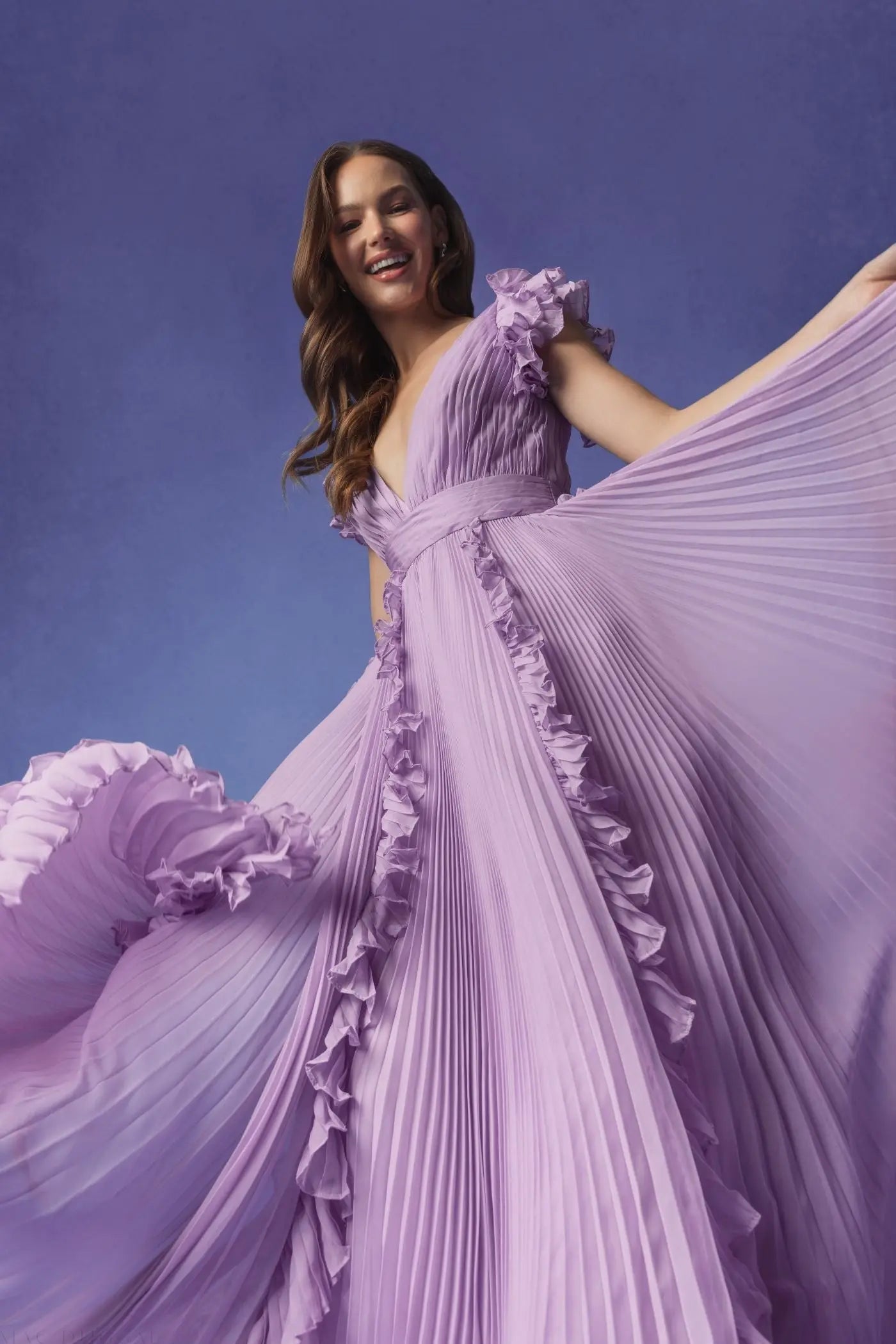 Purple Pleated Ruffle Cap Sleeve Flowy A Line Gown