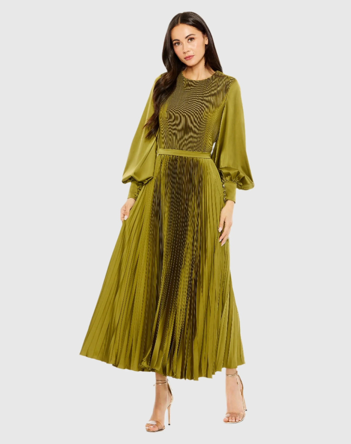 Green Long Sleeve High Neck Heat Pleated Dress