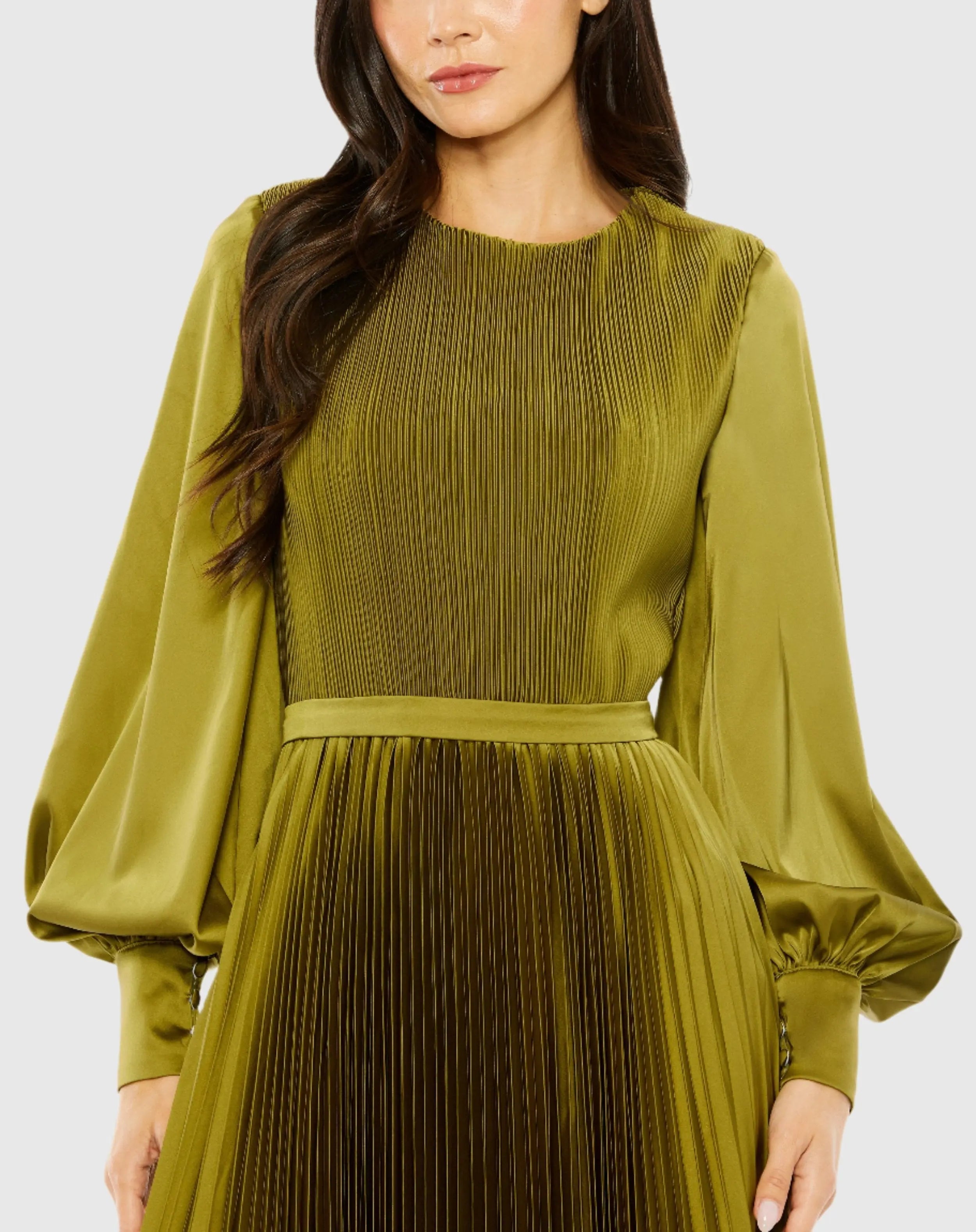 Green Long Sleeve High Neck Heat Pleated Dress