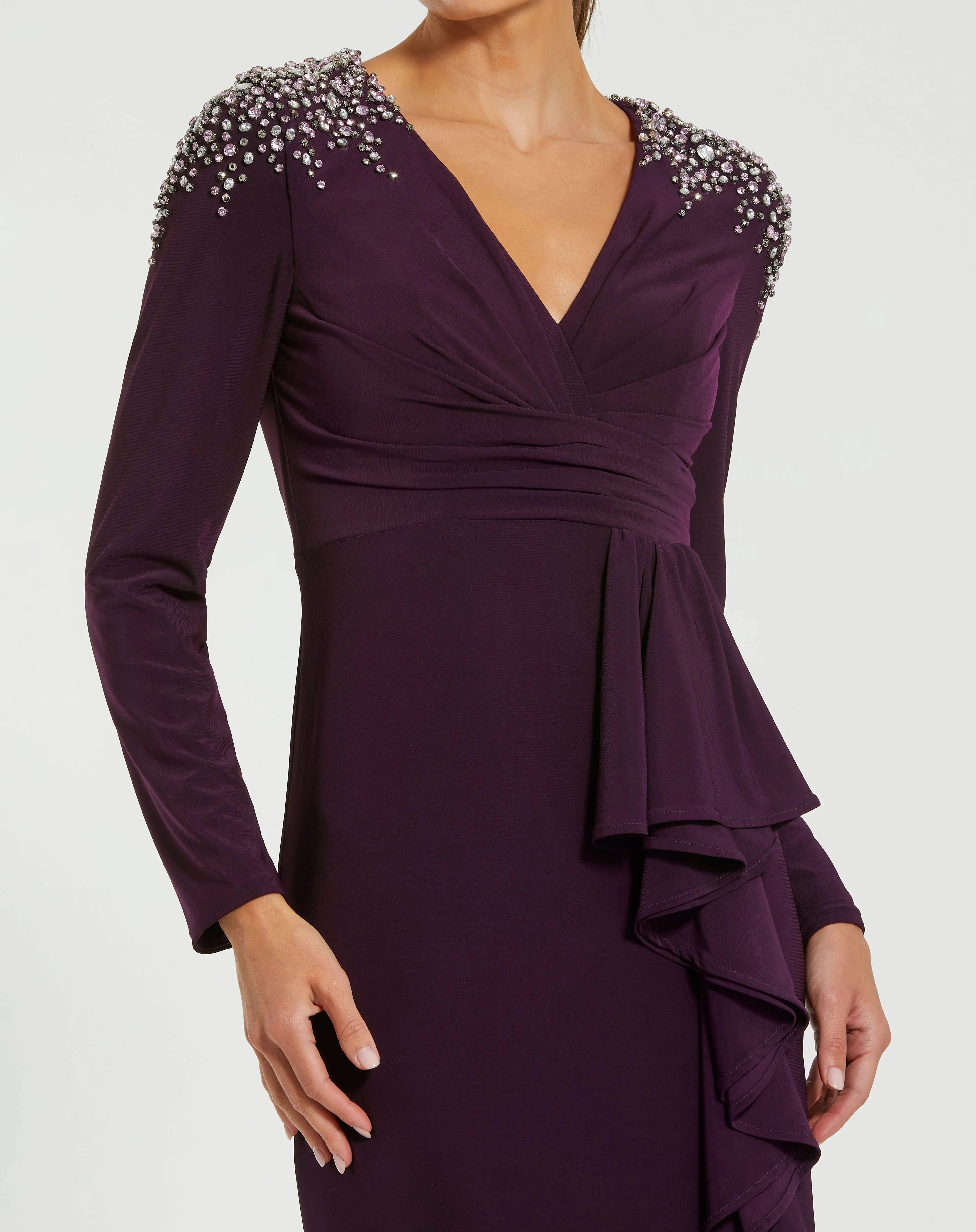 Purple Long Sleeve Gown with Cascading Ruffle & Rhinestone Shoulders