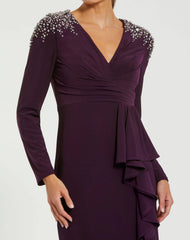 Purple Long Sleeve Gown with Cascading Ruffle & Rhinestone Shoulders