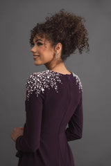 Purple Long Sleeve Gown with Cascading Ruffle & Rhinestone Shoulders