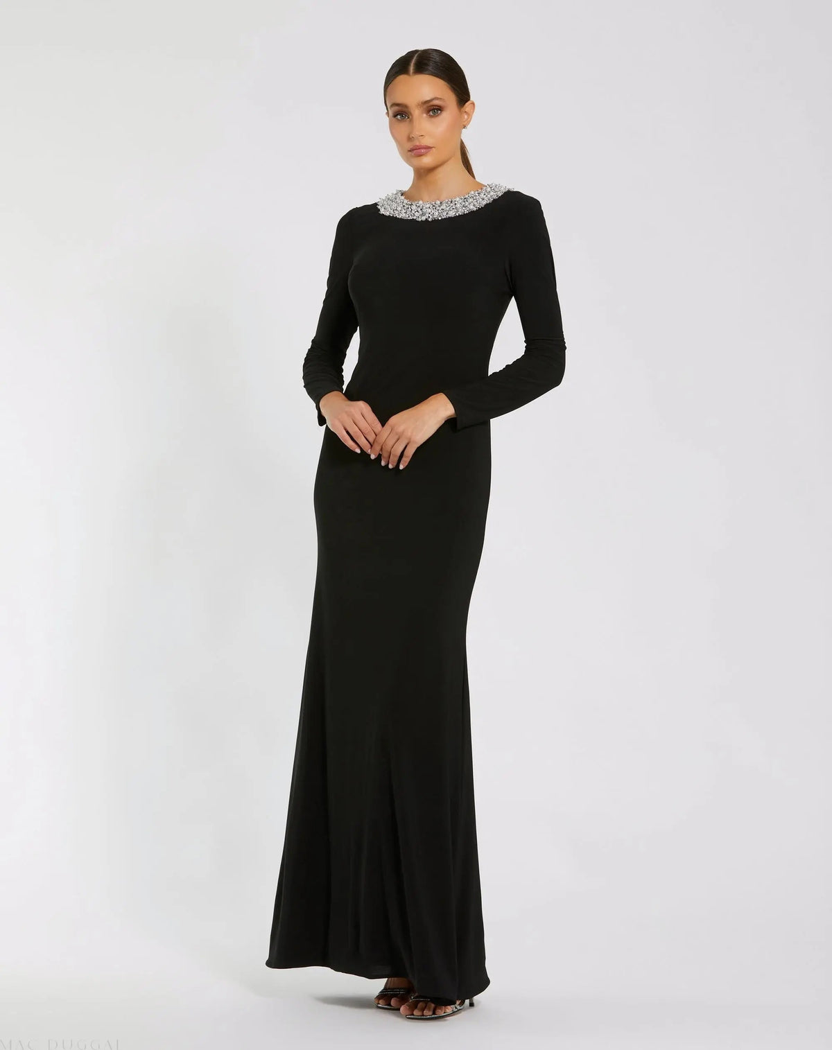 Black Jersey Long Sleeve Fitted Gown With Beaded Neck