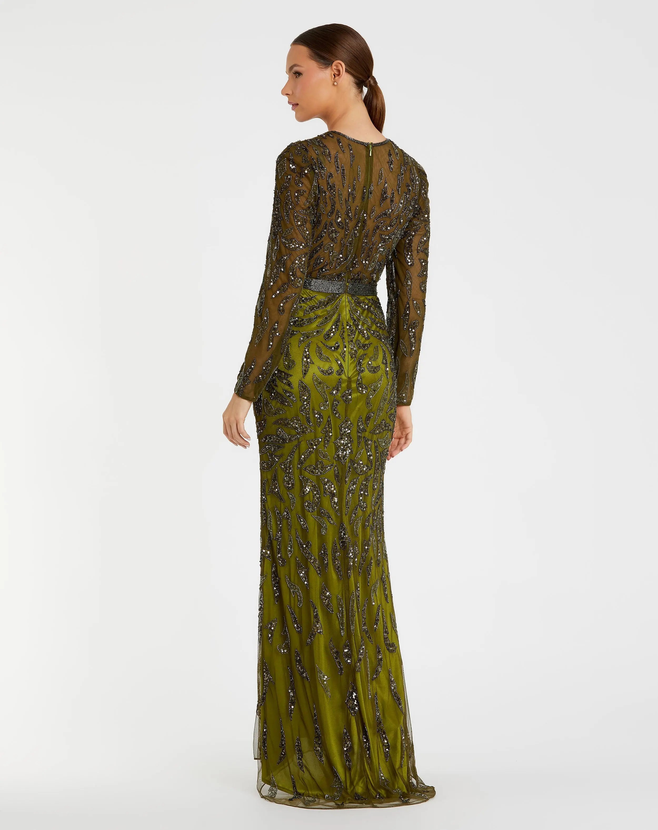 Green Long Sleeve Beaded Evening Gown