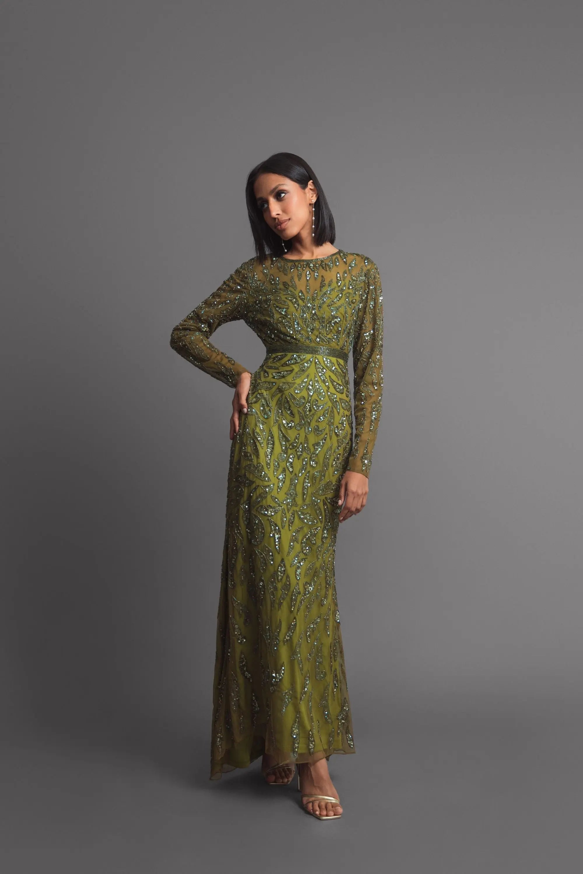Green Long Sleeve Beaded Evening Gown