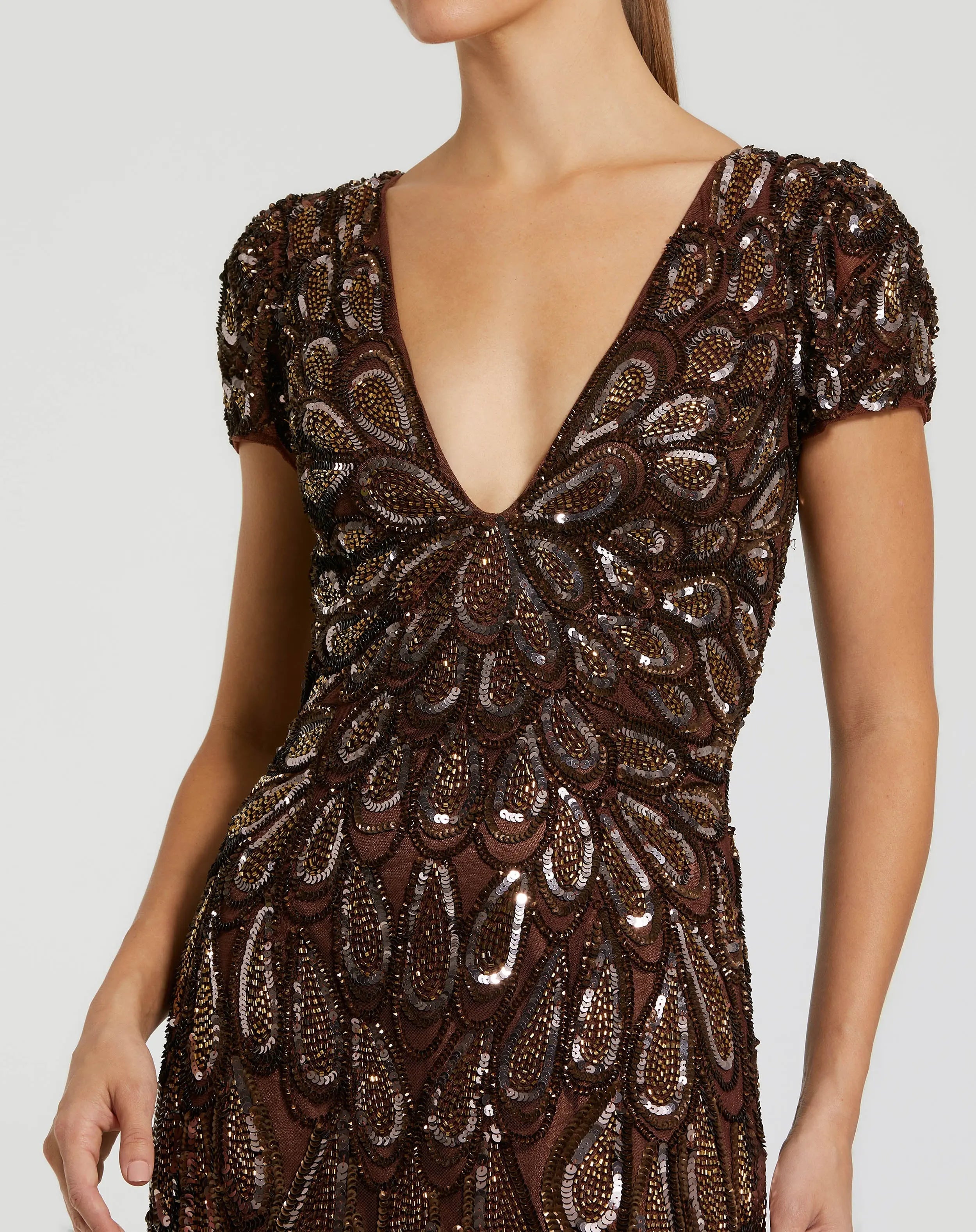 Brown Beaded Embellished V Neck Cap Sleeve Column Gown