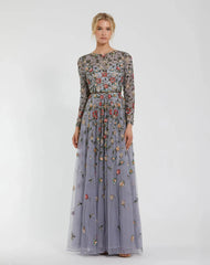 Gray Embellished High Neck Long Sleeve A Line Gown