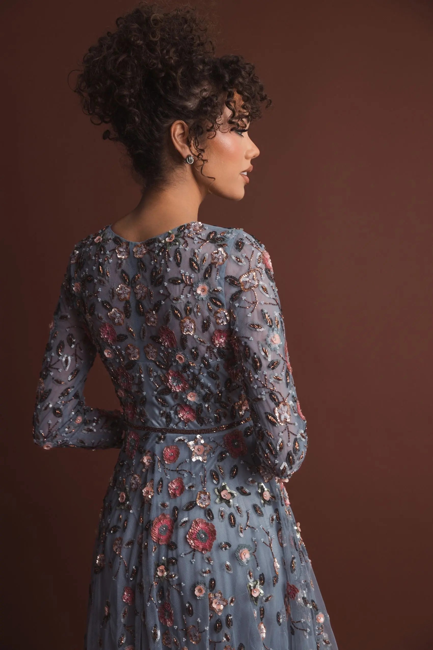 Gray Embellished High Neck Long Sleeve A Line Gown