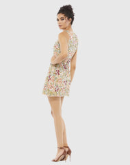 Pink Sequined Floral Detail Sleeveless Mini Dress