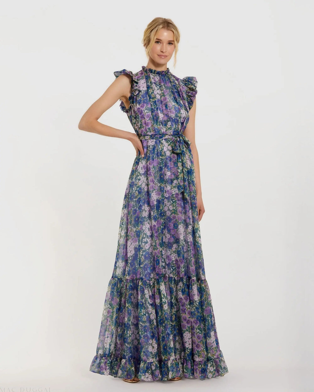 Purple Printed Chiffon Ruffle Sleeve Gown With Bow Belt