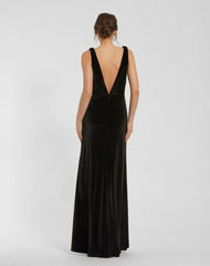 Black Deep V High Slit Draped Velvet Fitted Gown