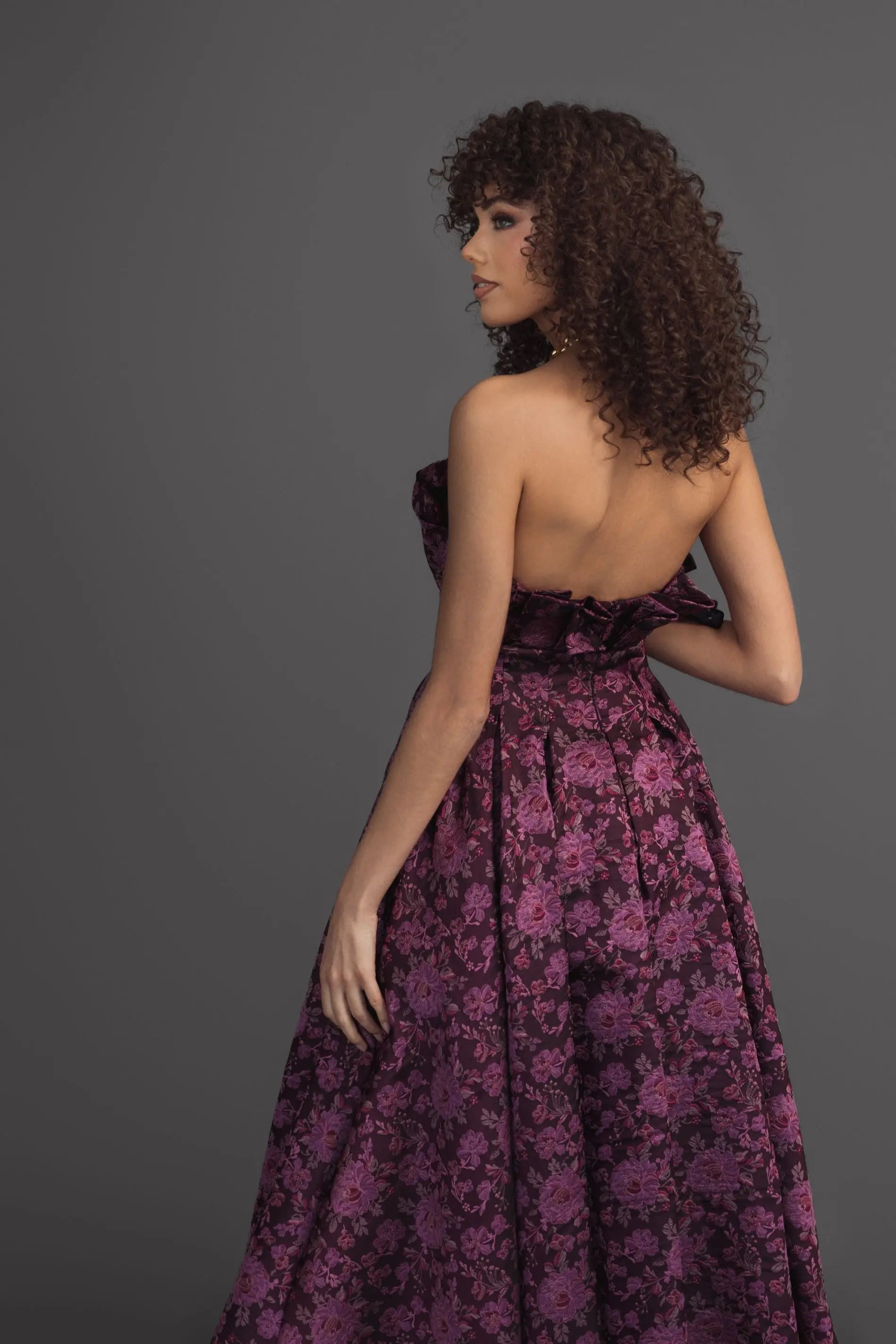 Purple Strapless Floral Brocade A-line Midi Dress