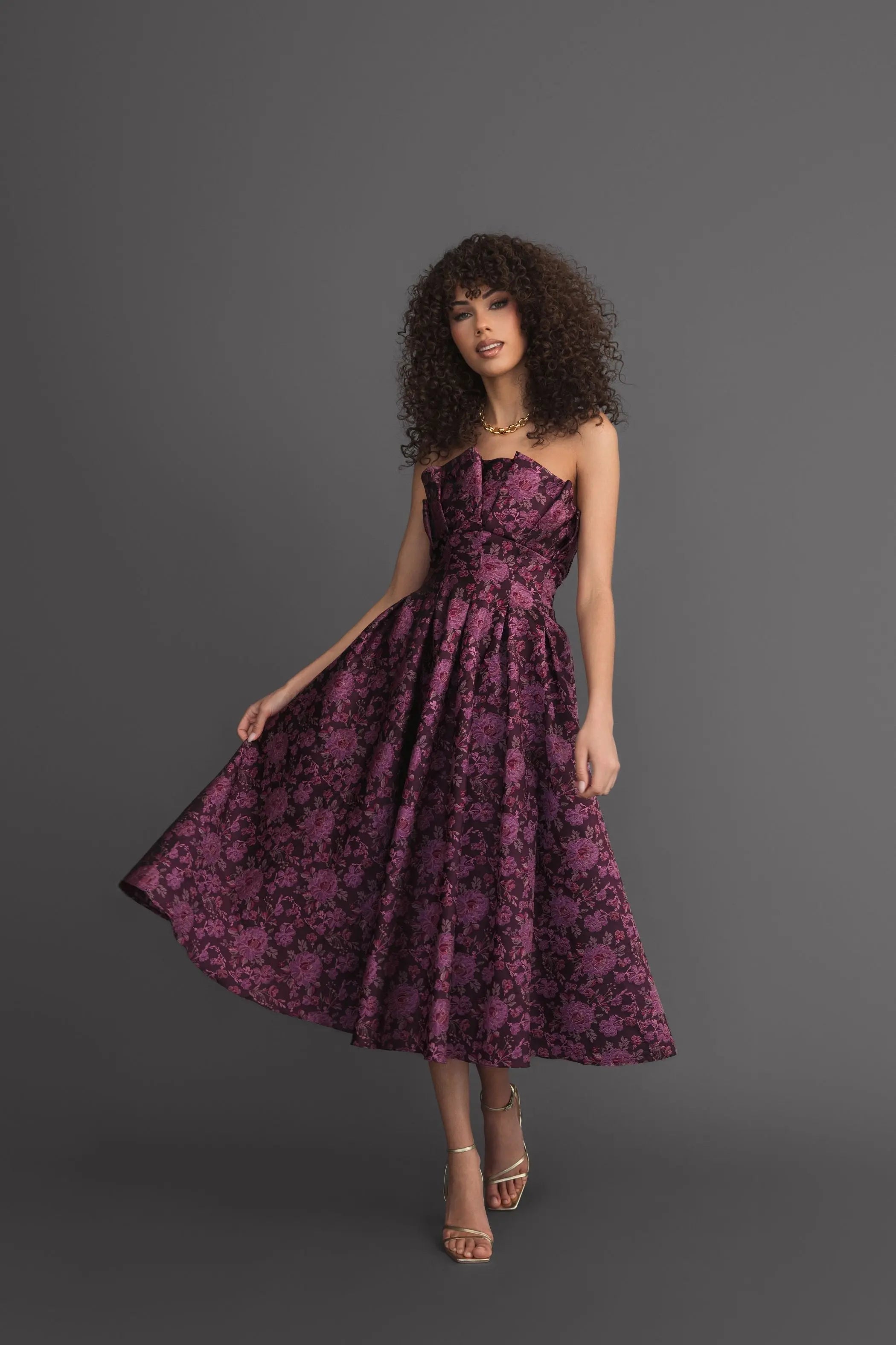 Purple Strapless Floral Brocade A-line Midi Dress