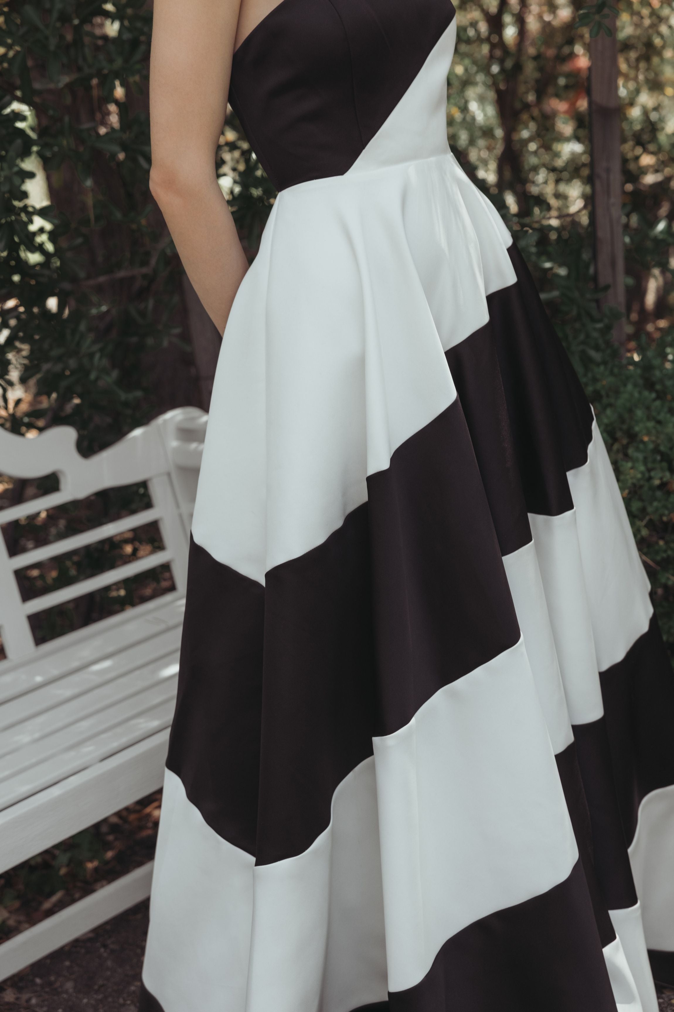 Black and White Striped Satin Strapless Ball Gown