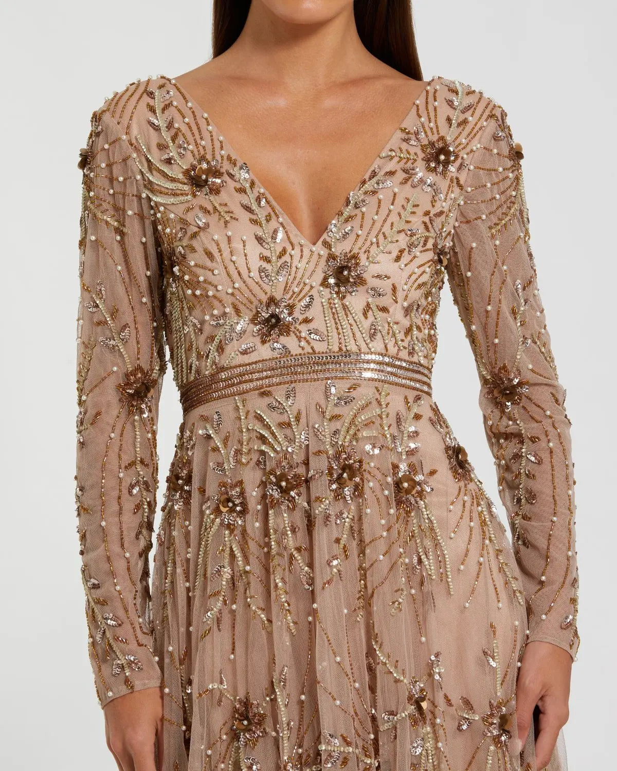 Beige Embellished Sheer Sleeve A-Line Gown