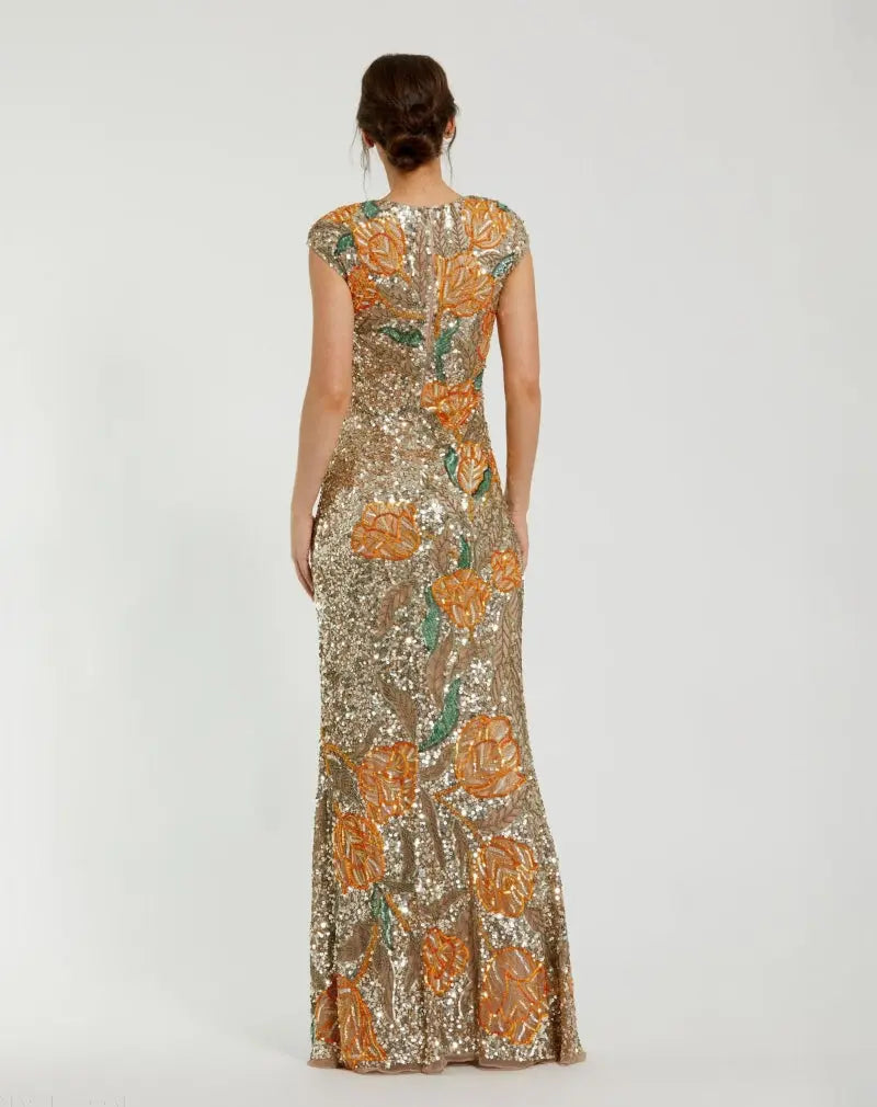 Gold Fitted Cap Sleeve Gown With Floral Beading