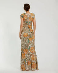 Gold Fitted Cap Sleeve Gown With Floral Beading