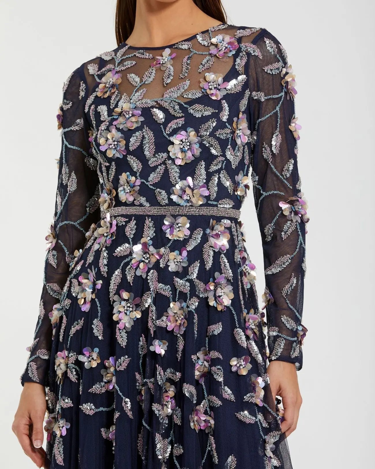 Navy Long Sleeve Floral Embellished Evening Gown