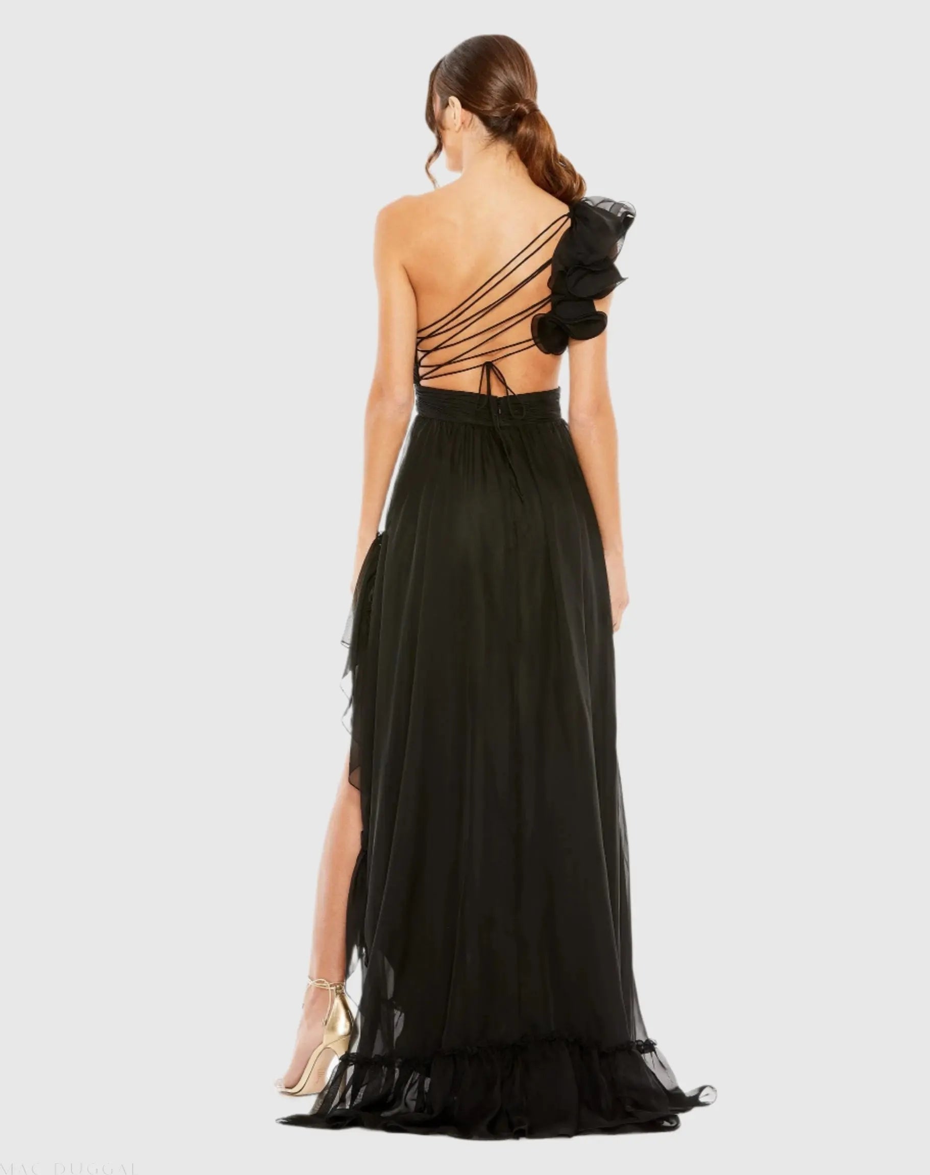 Black Ruffled One Shoulder Asymmetrical Gown