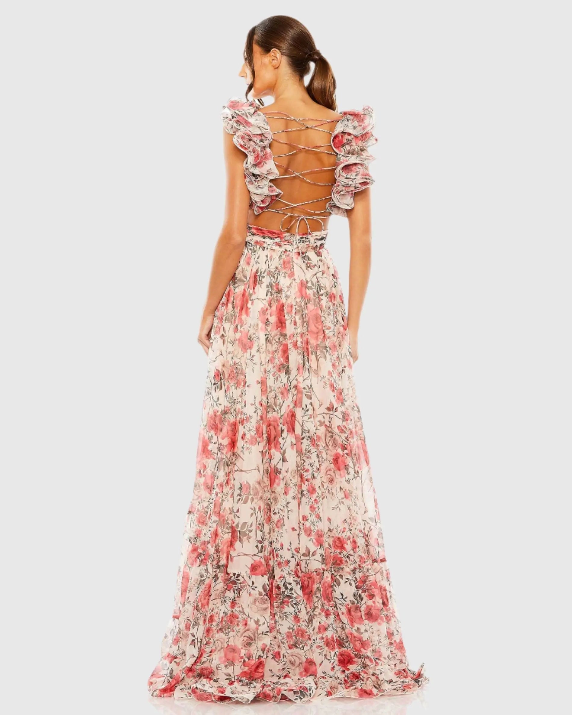 Pink Ruffle Tiered Floral Cut-Out Chiffon Gown