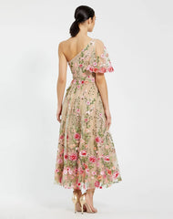 Pink One Shoulder Lace Embroidered Dress