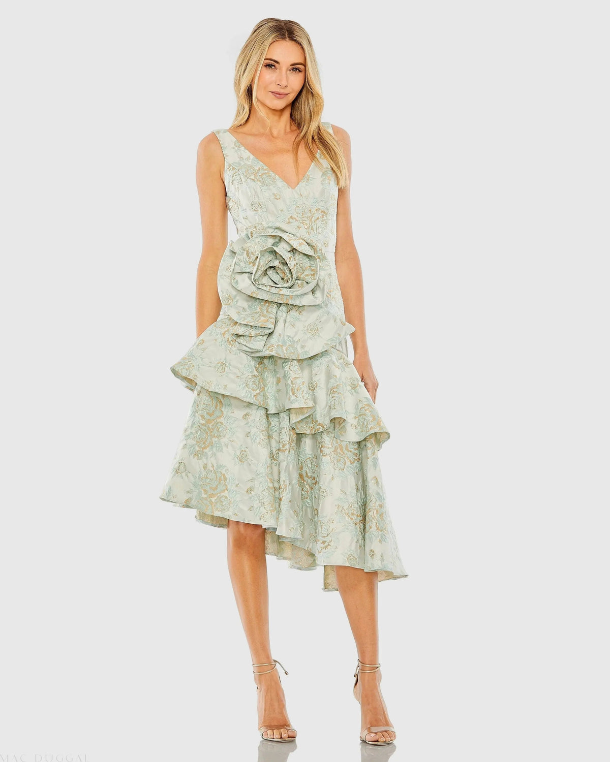 Green Floral Brocade Asymmetrical Hem Dress with Rosette