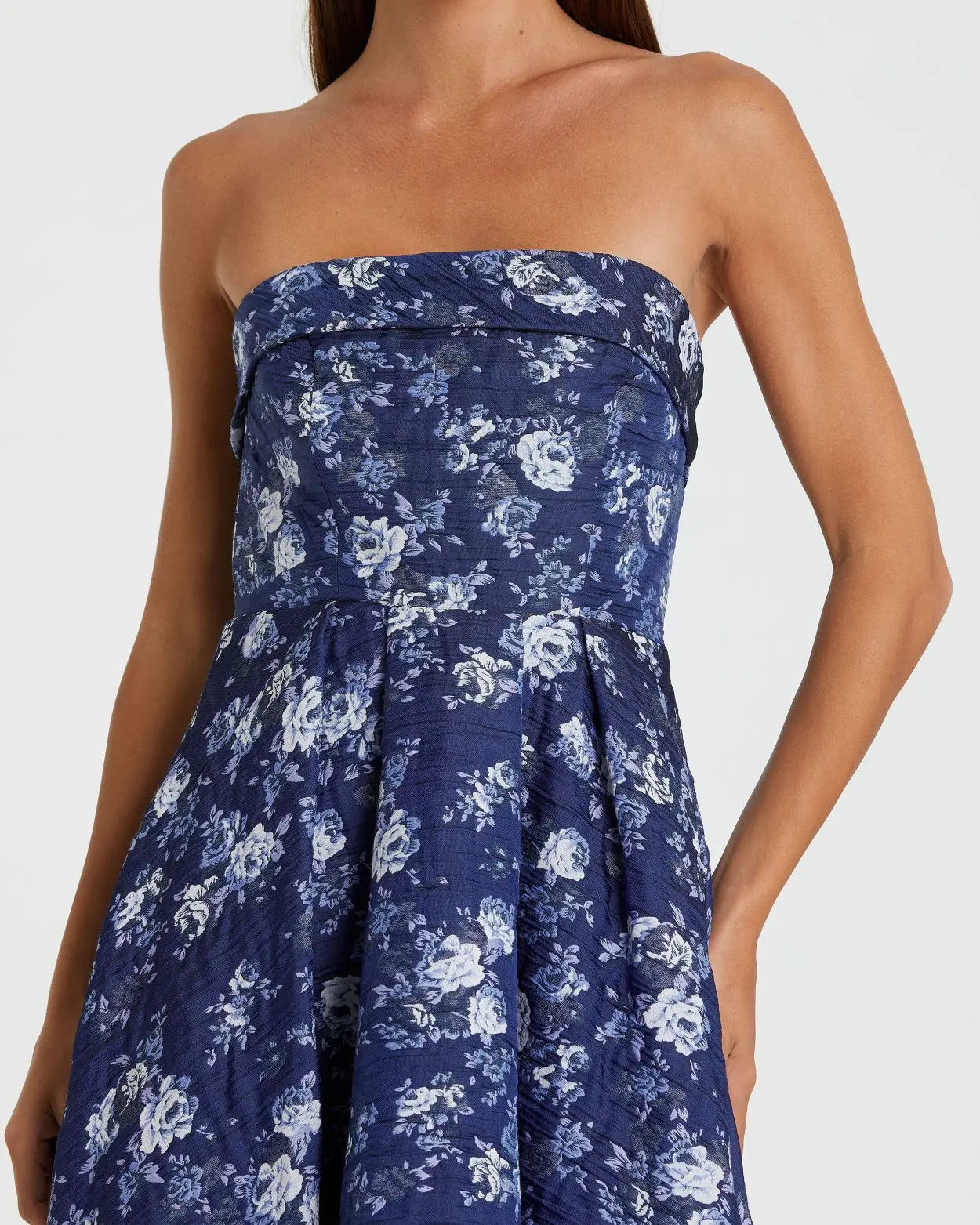 Blue Strapless Brocade Midi Dress
