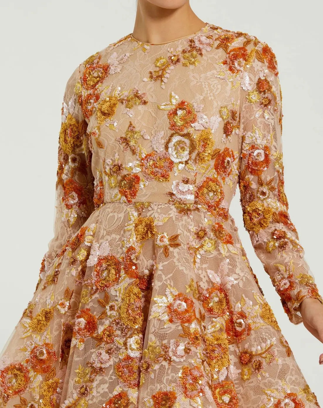 Beige High Neck Long Sleeve Sequin A Line Mini Dress