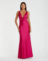 Hot Pink Sleeveless V Neck Satin Gown With Bow Details