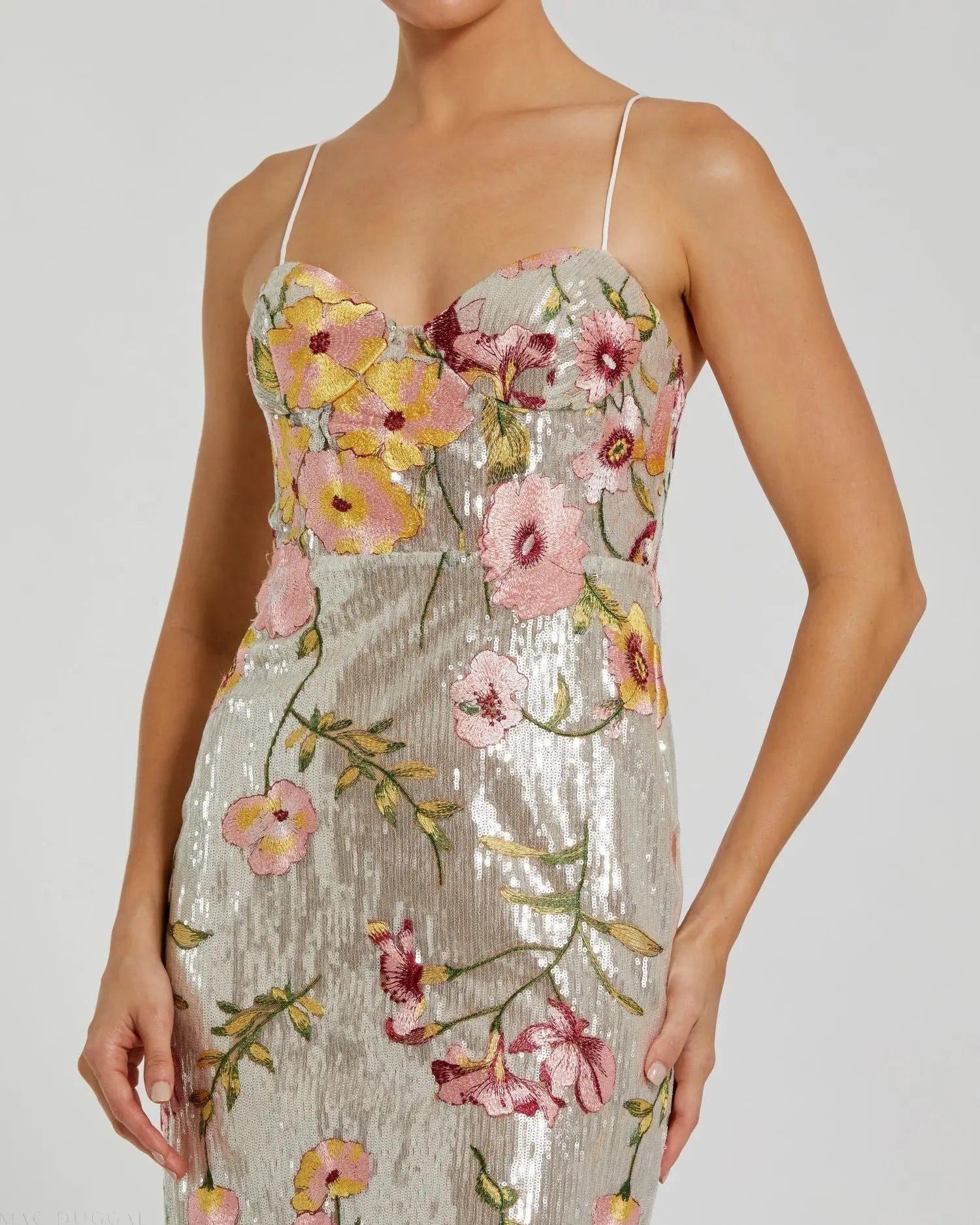 Silver Sleeveless Bustier Floral Applique Gown