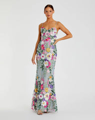 Green Floral Embroidered Sleeveless Bustier Gown