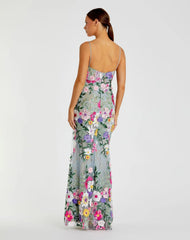 Green Floral Embroidered Sleeveless Bustier Gown