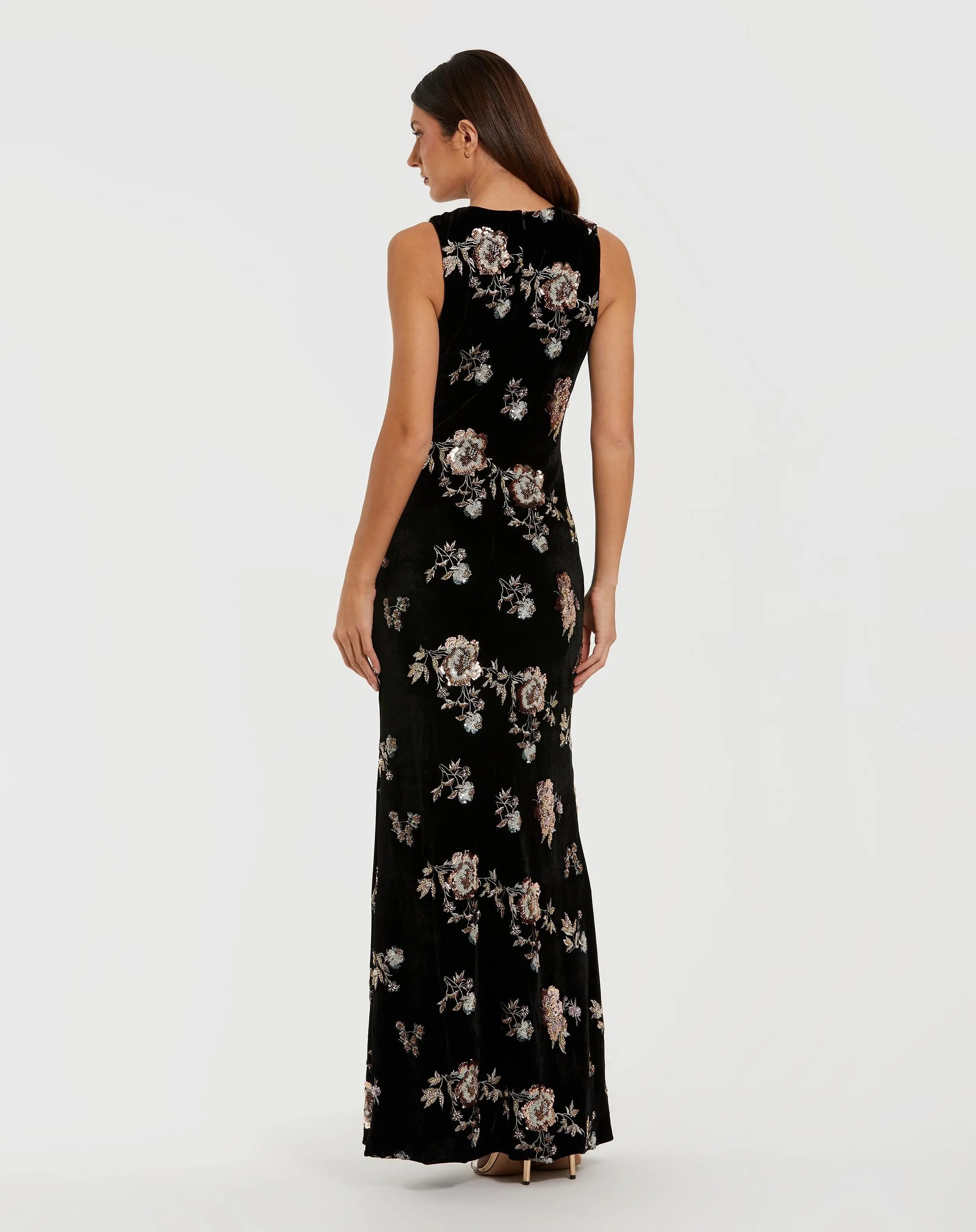 Black Sleeveless Floral Embellished Velvet Evening Gown
