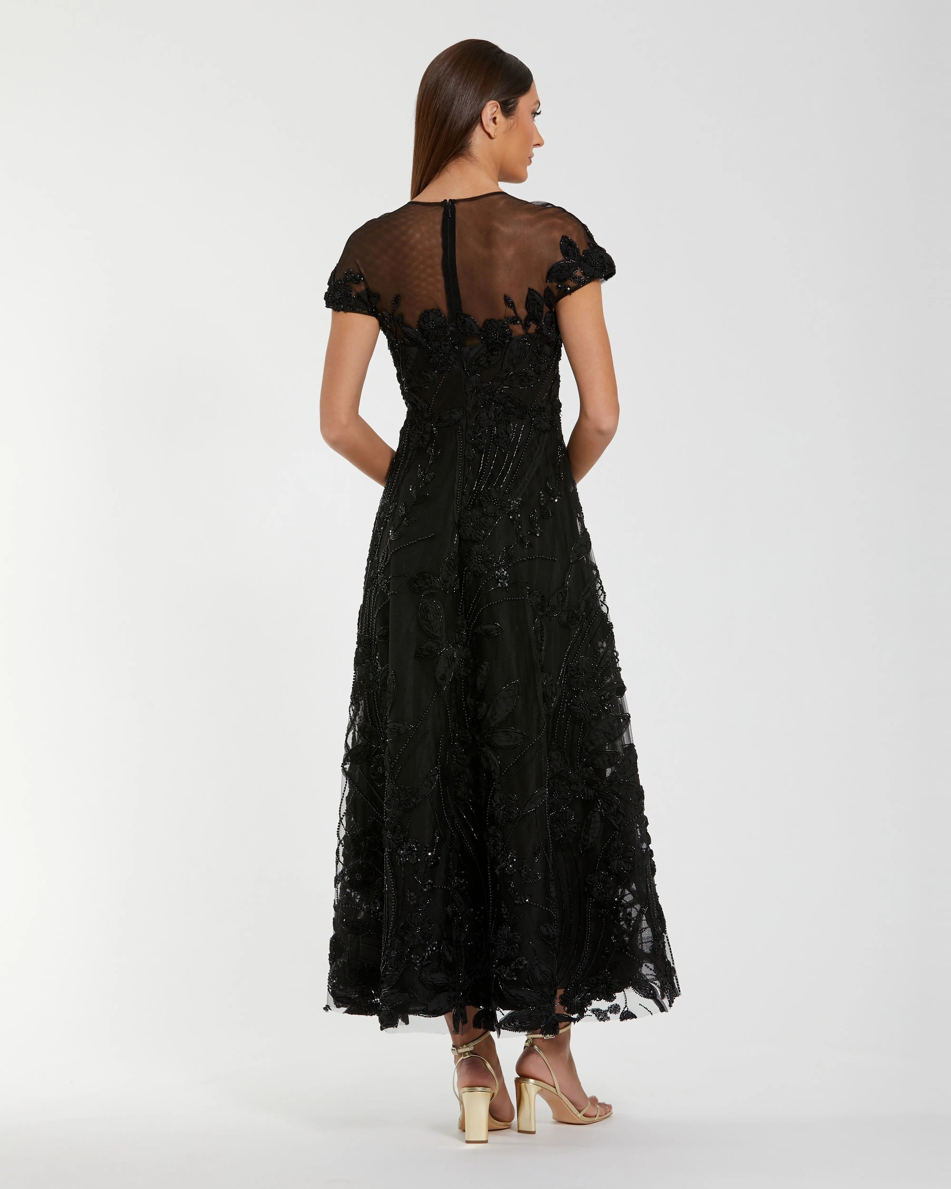 Black Embellished Lace Illusion Neck A-Line Midi Dress