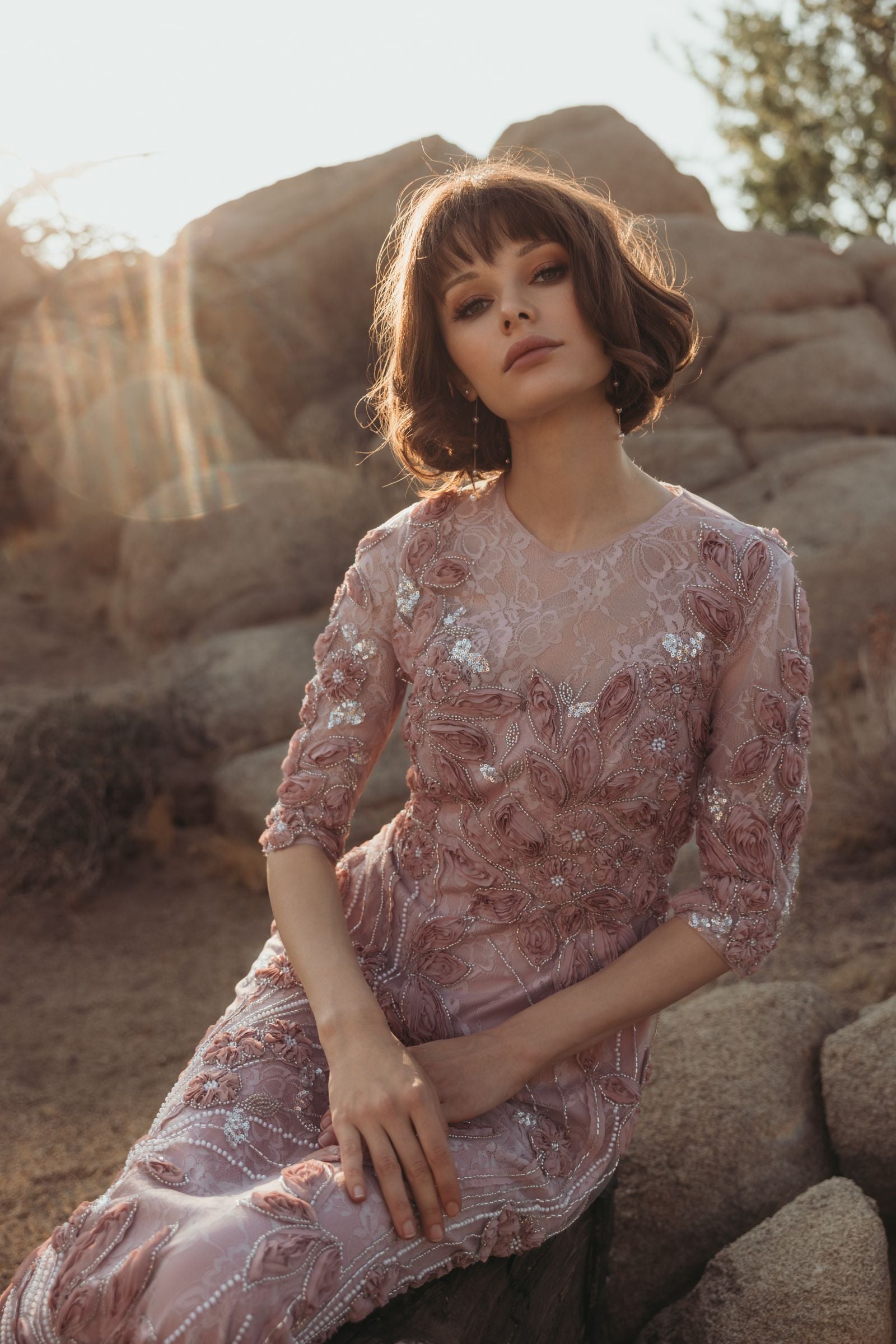 Pink High Neck Embellished Lace Gown with 3/4 Sleeves