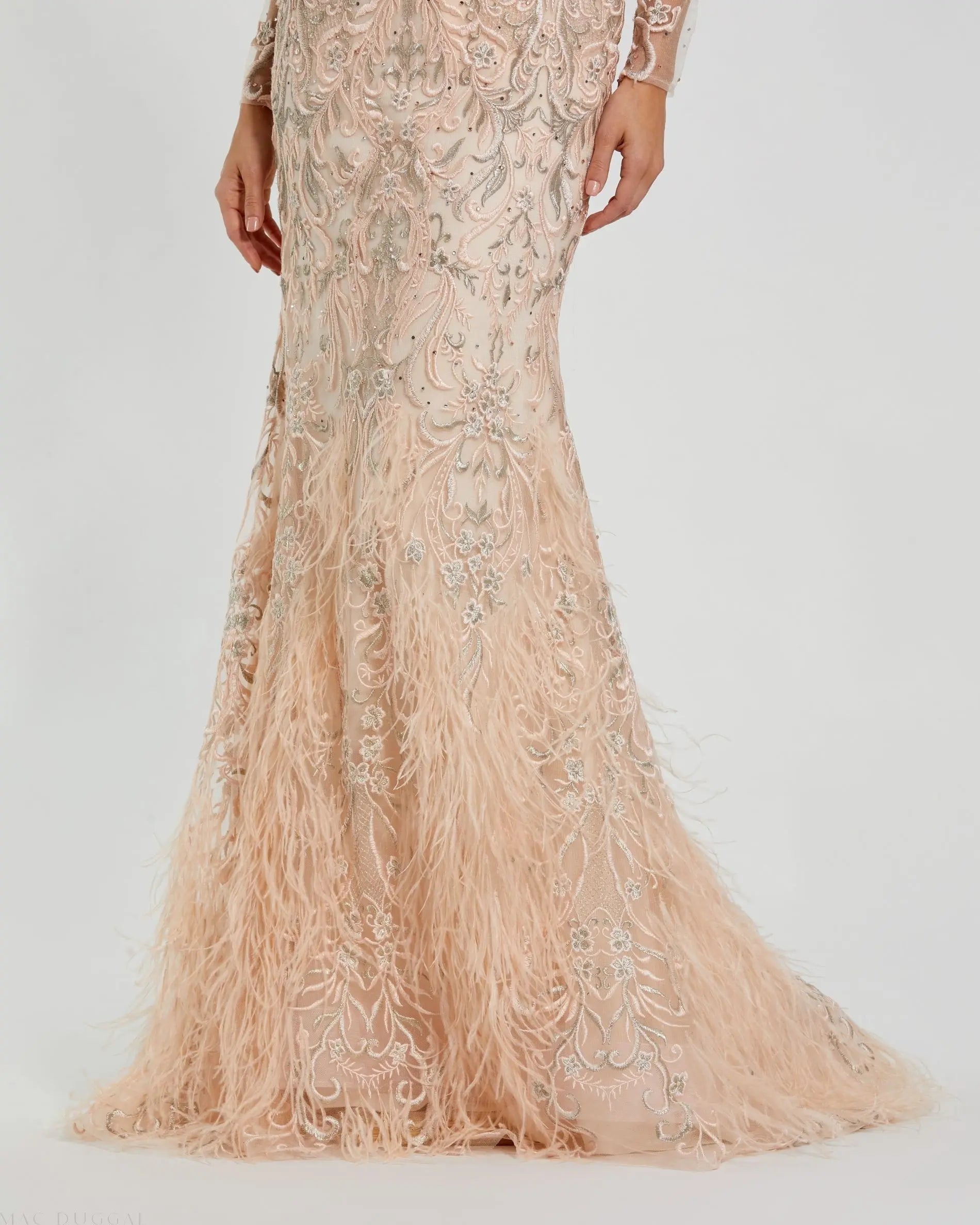 Pink Embroidered Illusion Long Sleeve Trumpet Gown