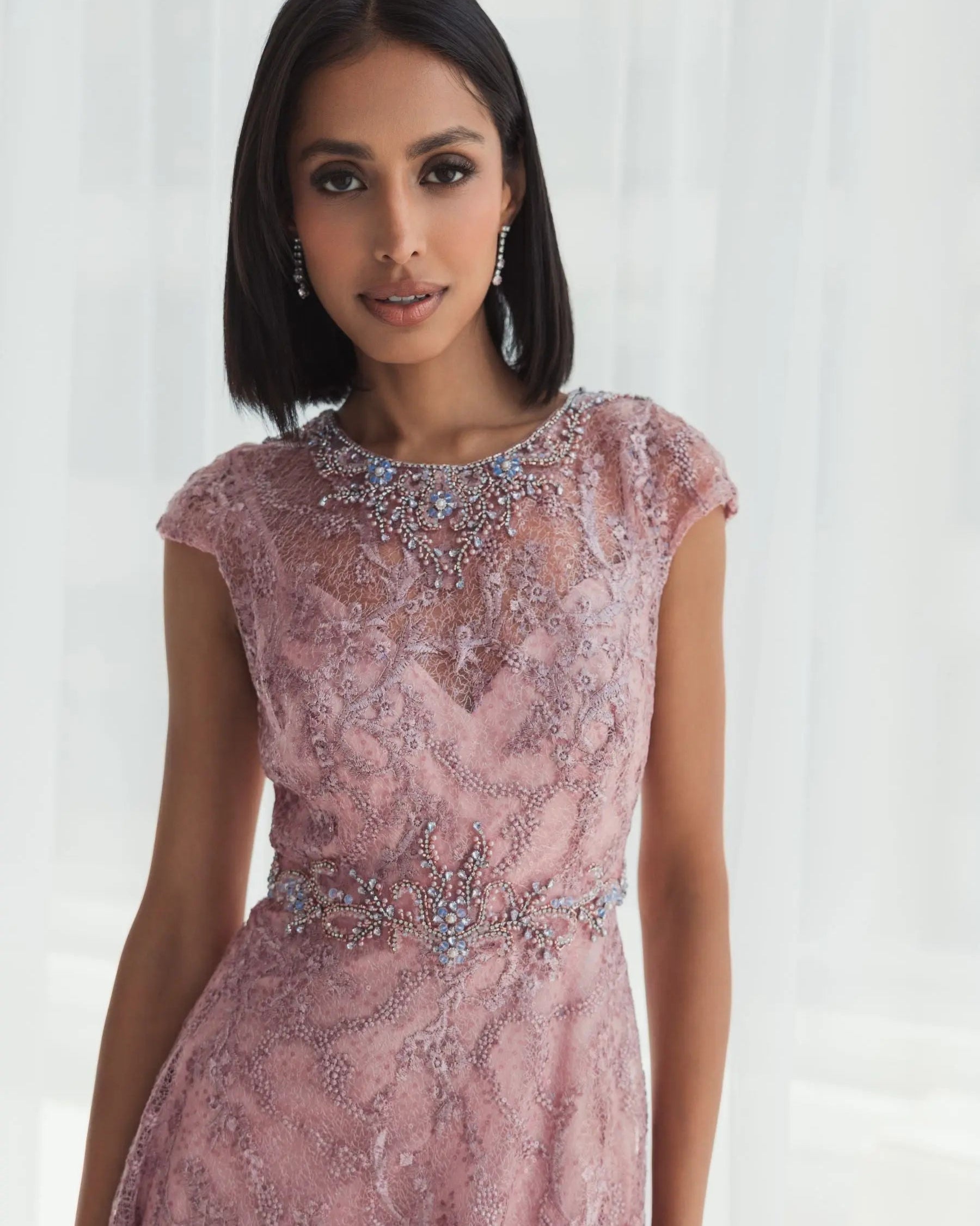 Pink Embroidered Cap Sleeve A Line Gown