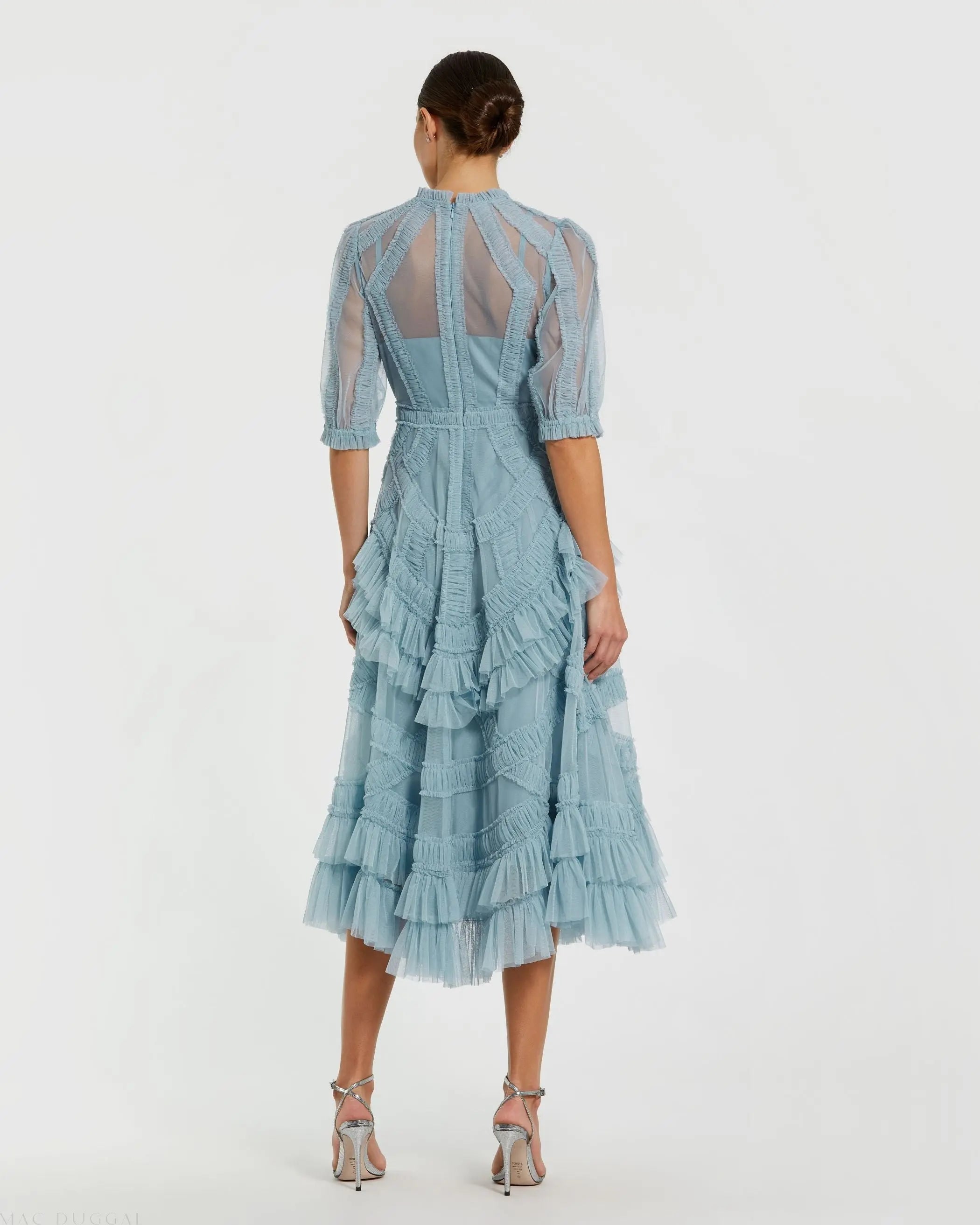 Blue High Neck Ruffle Tiered A-Line Midi Dress