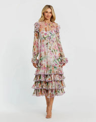 Multicolor Long Sleeve Ruffle Detail Floral Shift Dress