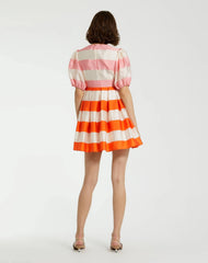 Multicolor Organza Striped Balloon Sleeve Mini Dress