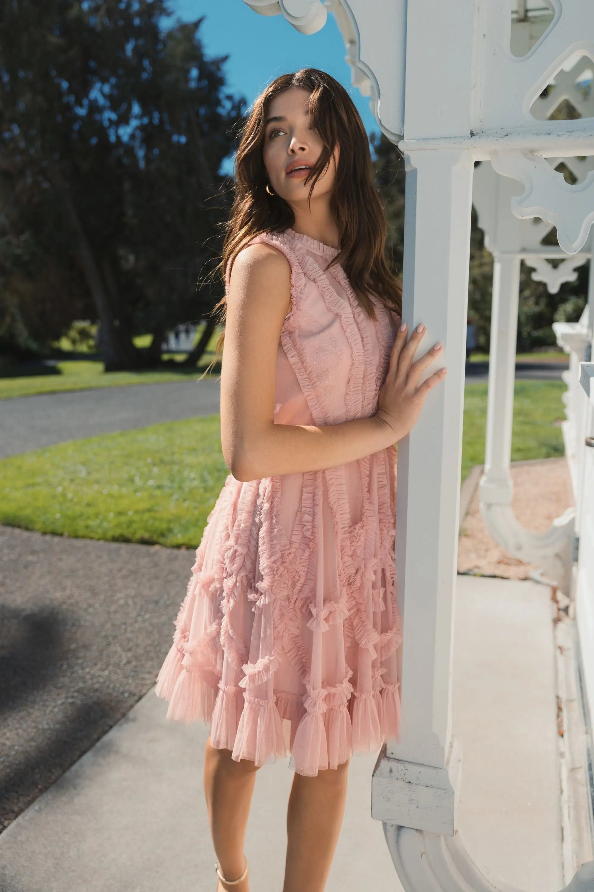 Pink High Neck Sleeveless Micro Ruffle Mini Dress