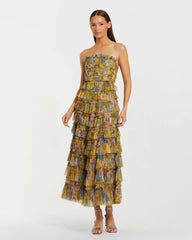 Yellow Floral Strapless Ruffle Maxi Dress